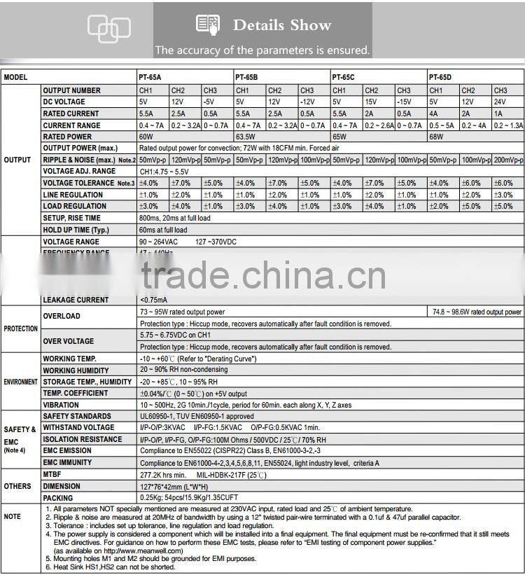 Mean well 65W Triple open frame smps/triple output power supply