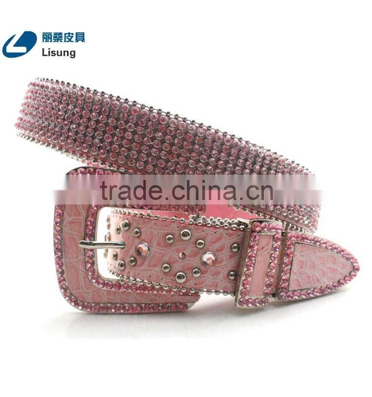 Western Cowgirl Pink Crocodile Leather Rhinestone Diamond Studded Chain Belt