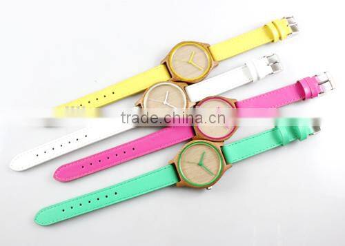 hot sale newest wood case with leather band fashion colorful ladies watch(WJ-3910)