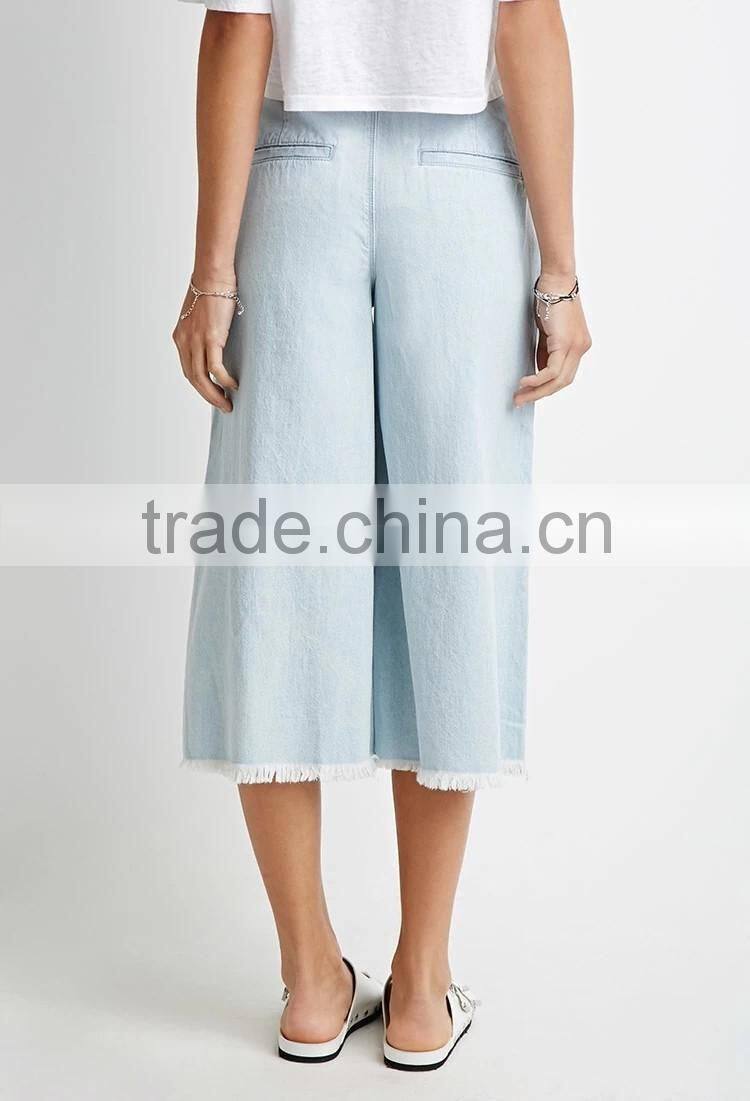 Quiet Color Midi Pants Frayed Denim Gauchos For 2016 Summer Women