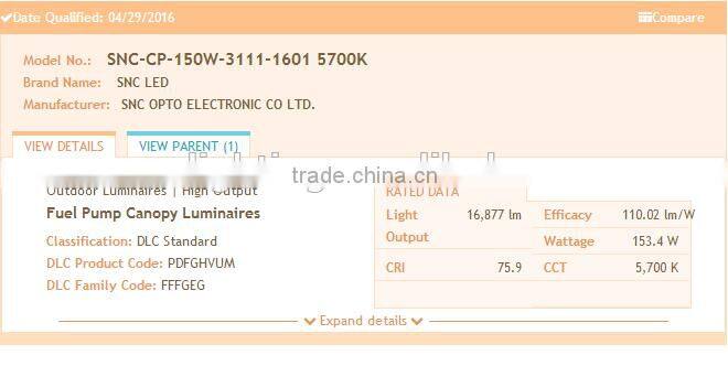 Gas station led canopy lights 150w UL cUL DLC list aluminum body led canopy light with 5 years warranty