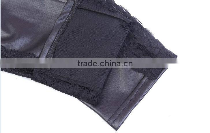 2014 New Hot Sexy Girls Black Faux Leather Leggings With Lace Design Good Breathable Leggings For Women