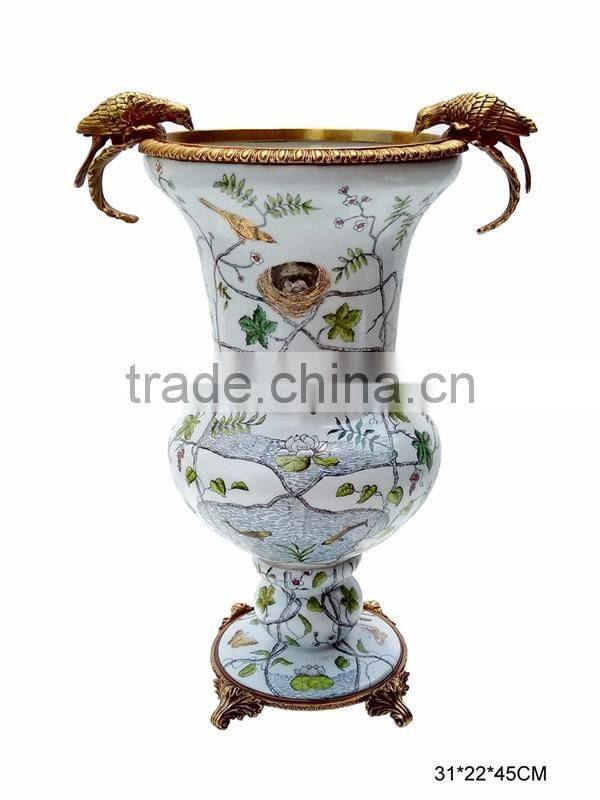 Elegant Design Huge Ceramic Prize Cup With Bronze Bird's Handles, Elegant Blue and White Painting Porcelain Trophy Vase
