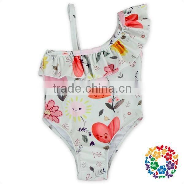 YZA020 Stylish Children Girls Single Shoulder Strap Ruffled One Piece Swimwear