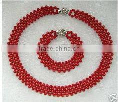 wholesale 17" 4mm red round coral beads necklace jewelry set