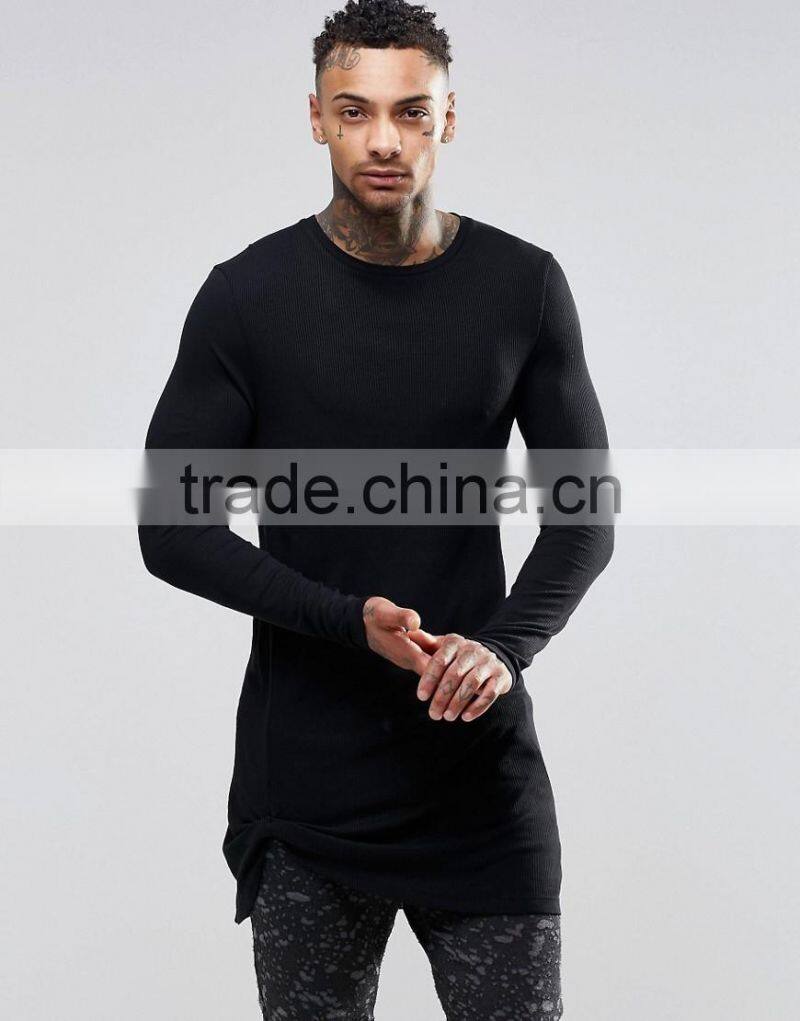 Super long line t shirt plain black slim fit t shirt custom logo t shirt