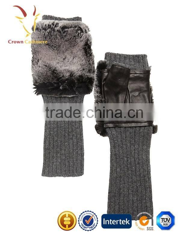 Fashion Women Fingerless Leather Knitting Cashmere Gloves with Fur