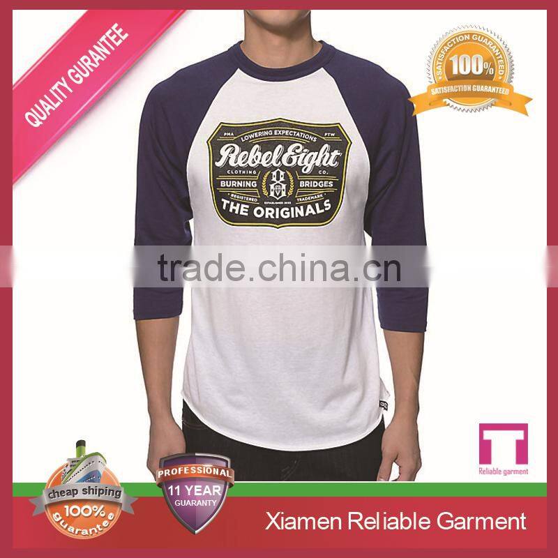 New design 100% cotton 3/4 sleeve raglan t shirt , high quality wholesale printing custom accepted