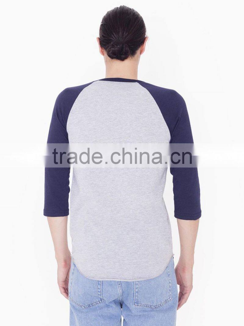 mens plain ranglan shirt 3/4 sleeve raglan t shirt blue and grey