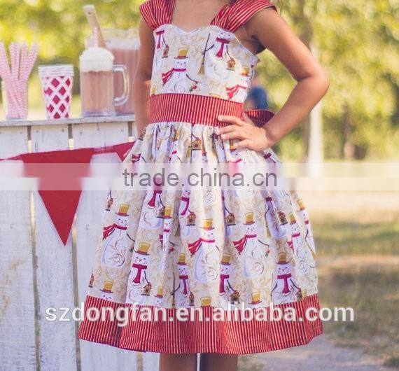 2017 Christmas Girl Party Dress Red Striped Snowman Printed Dress