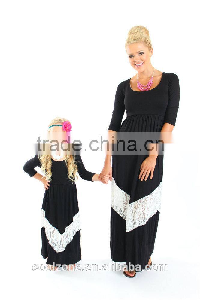 Latest 3/4sleeves back white mother and daughter dress design mommy and me maxi dress 2016