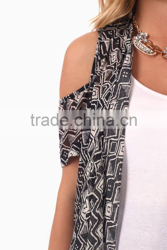BLACK WHITE TRIBAL OPEN SHOULDER CHIFFON MATERNITY CARDIGAN