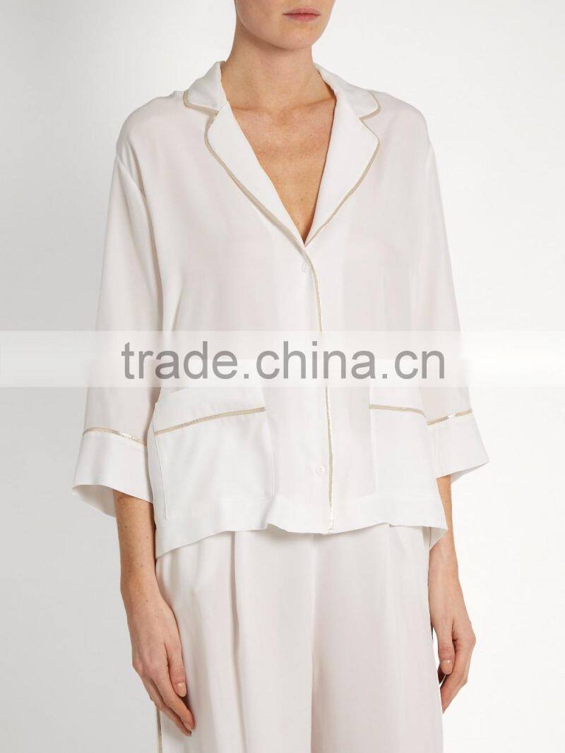 High Quality Shawl Collared White and Golden Color Contrasting Satin Sleepwear