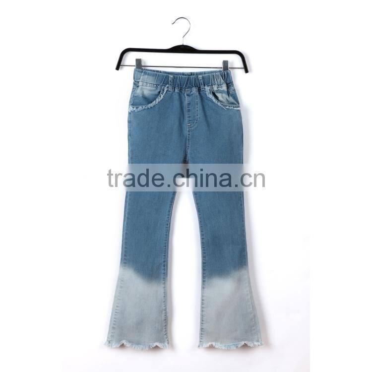 Garment dyed color change three-quarter bellbottom wide leg jeans for girls