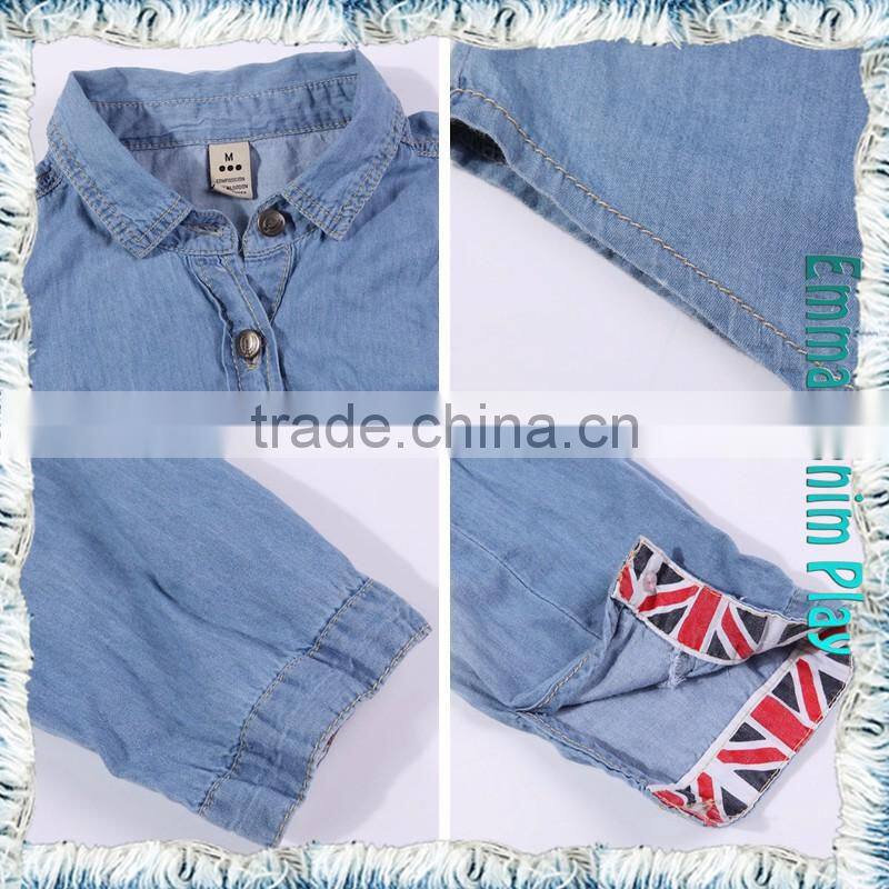 Soft Smooth Breathable Light Blue Color Fade Protected Enzyme Bleaching Washed Combed Cotton Lady's Denim Long Sleeve Shirts