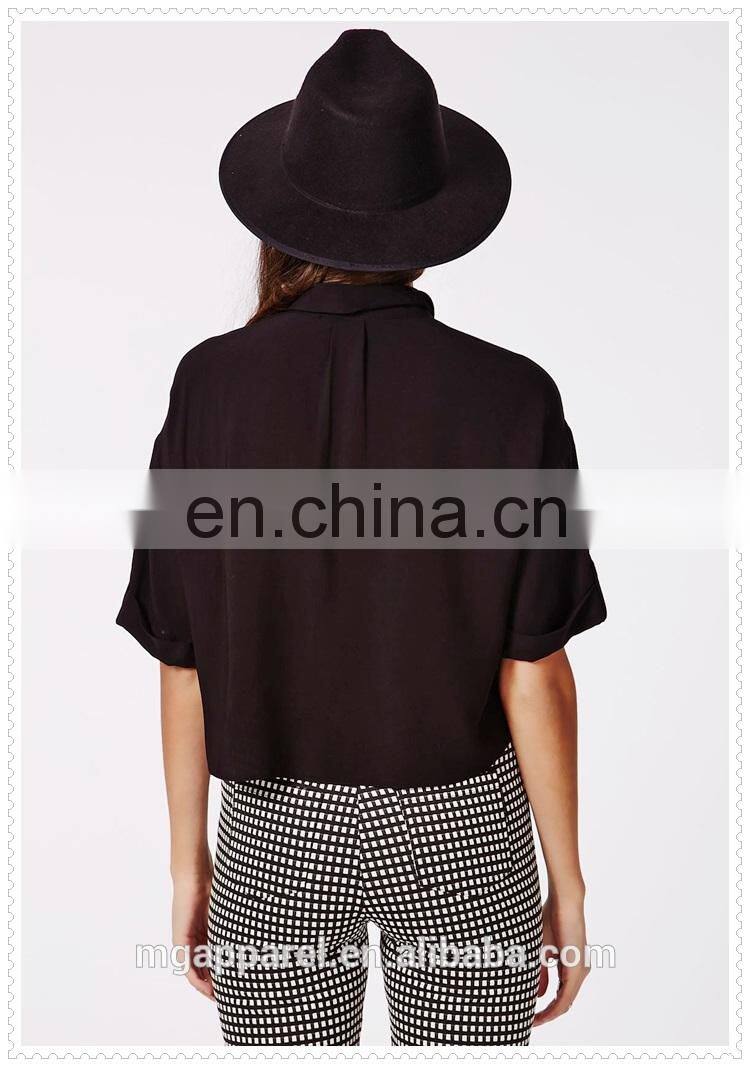New fashion ladies plain black cropped blouse simple designs