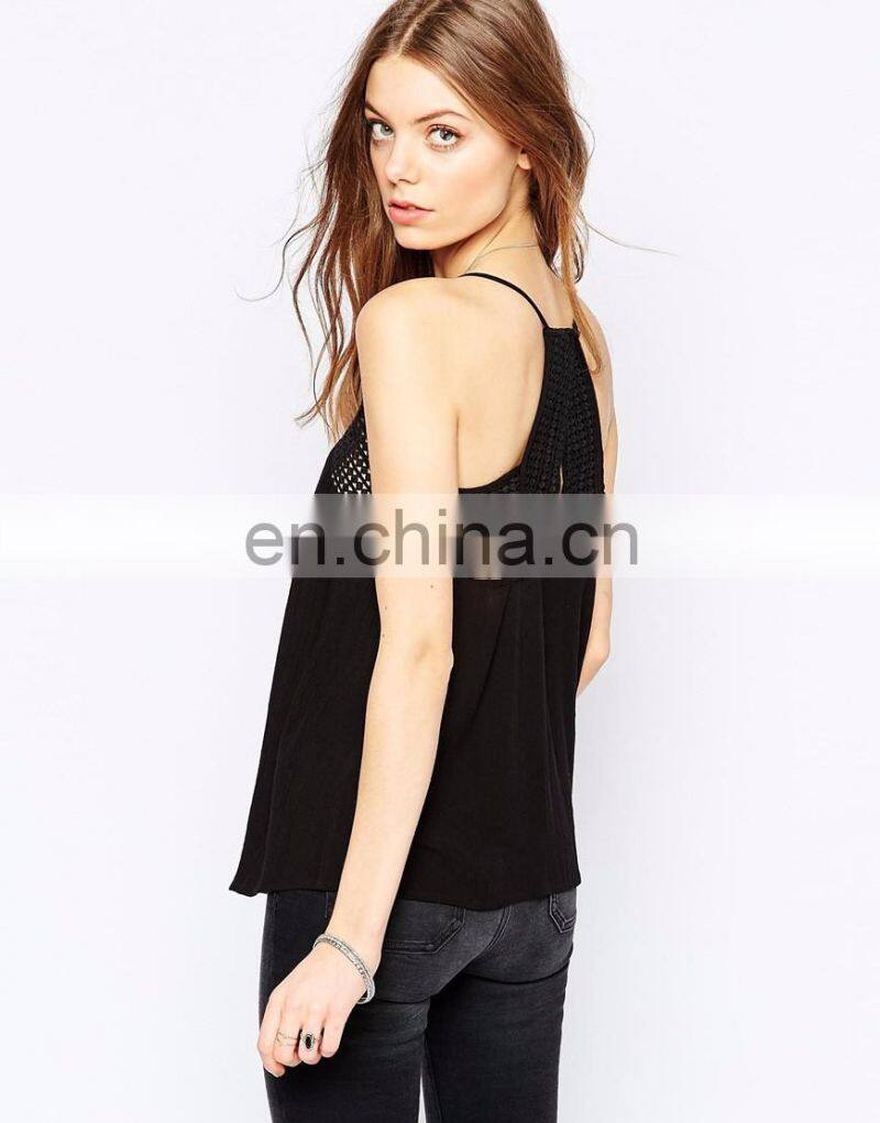 Black color woman Fashion hollow tops with trim