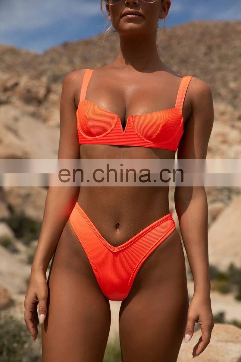 Neon Green V-bar Underwire Bikini 2019 Female Swimsuit Women Swimwear Two-piece V Shape Wire Bikini Set Bather Bathing Suit