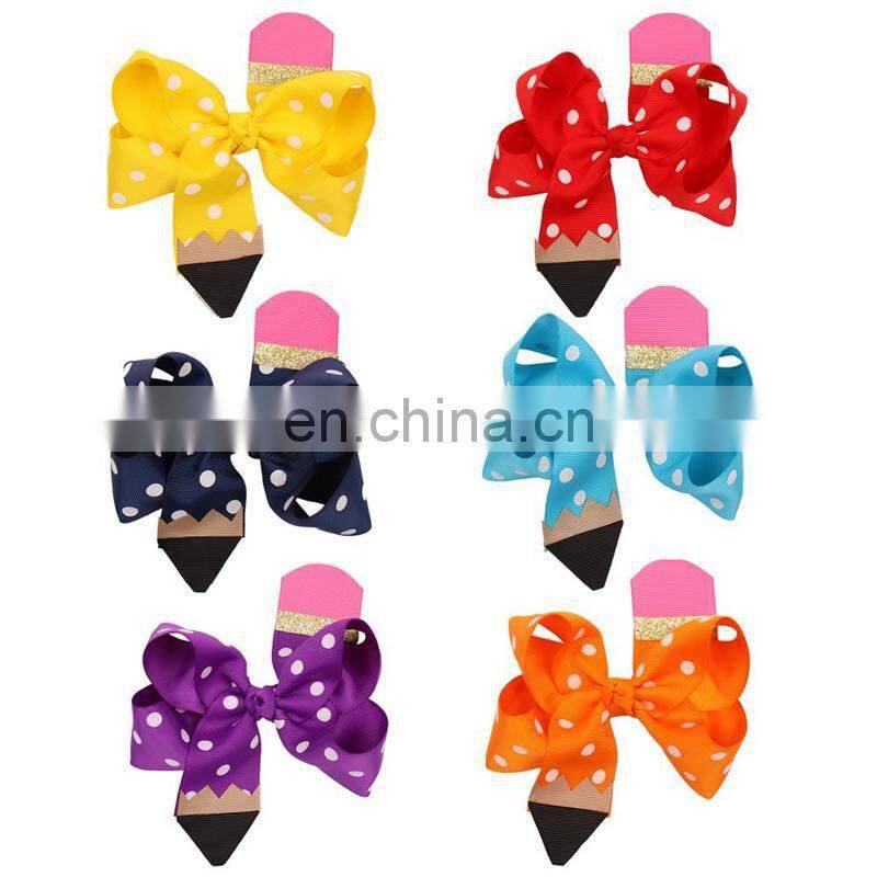 free 6''*4.5" Pencil Print Hair Bows for Girls Back to School Supplier Hairgrips Pen Quality Ribbon Bows Clips Kids Headwear