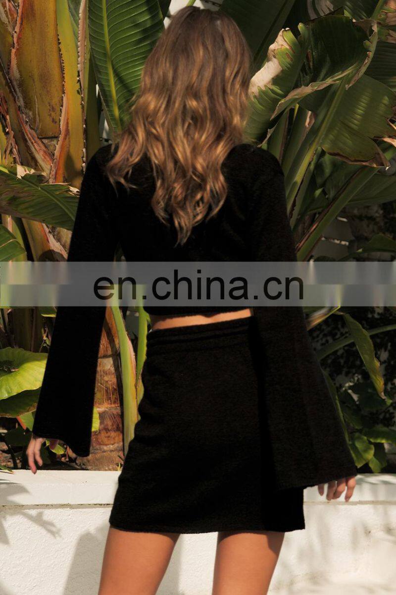 2021 Cross-border New Product Pure Color Women's Fashion Twisted Long Sleeve V-neck Sexy Top Drawstring Short Skirt Autumn Set