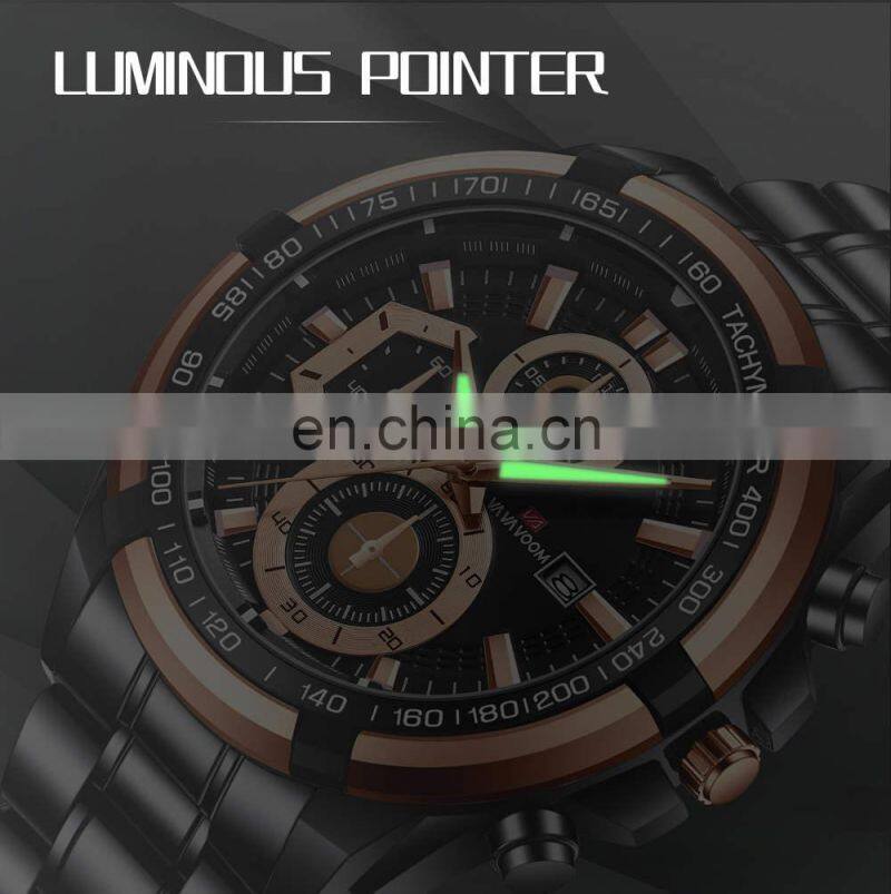 VA VA VOOM 2321 Men Quartz Watch Sports Fashion Rose Gold Case Black Stainless Steel chain watch for men