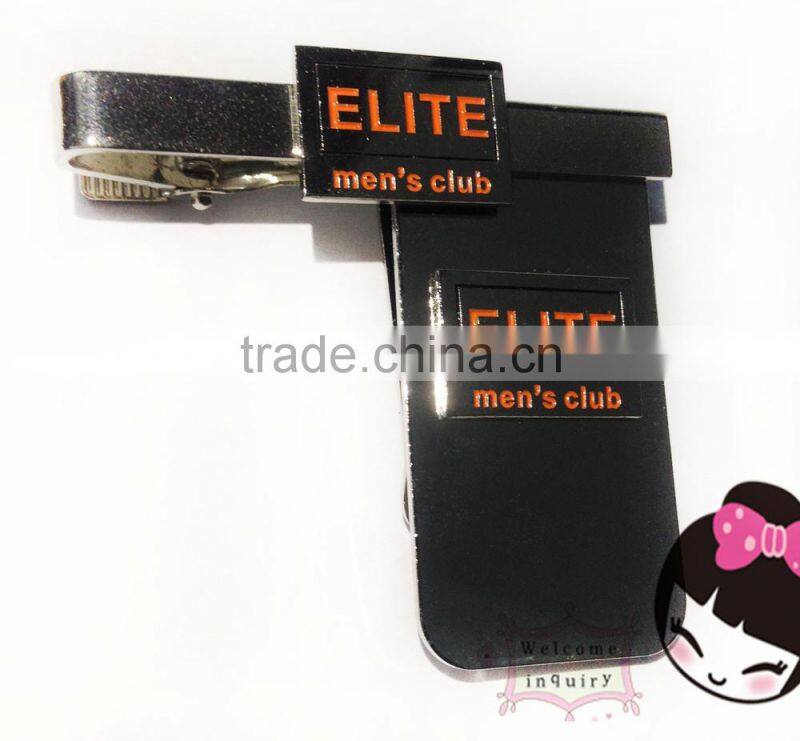 Custom metal lapel pin money clip tie clip elite men's club soft enamel orange letter