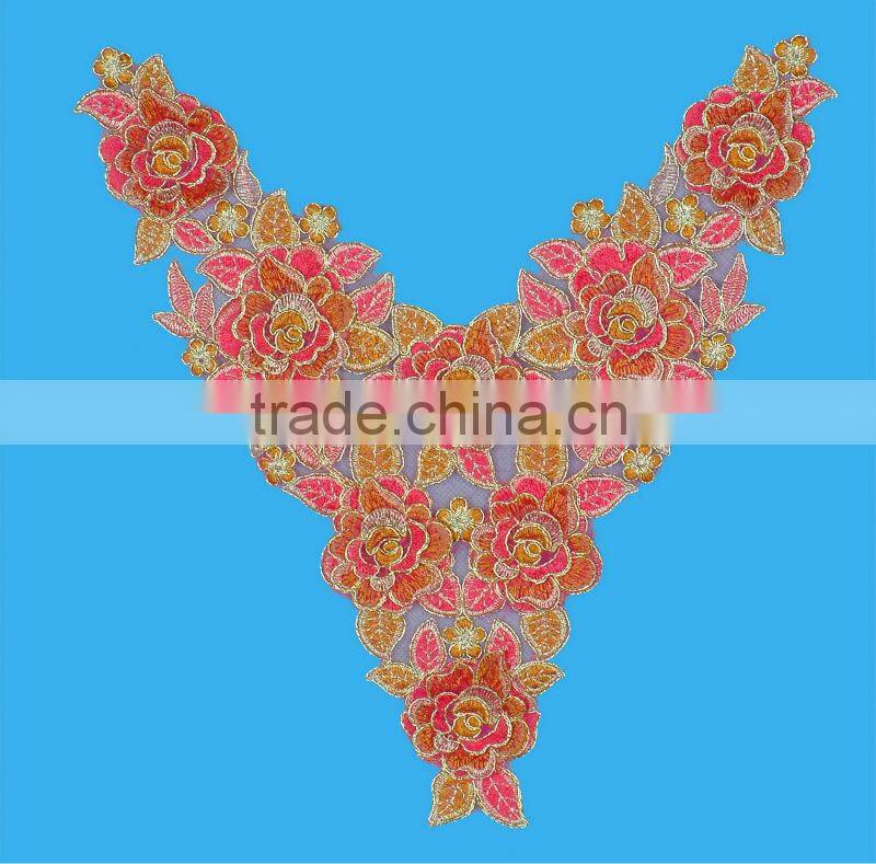 HG0050-3(9.0)Top quality popular handmade applique decorative fabric neck embroidery designs lace