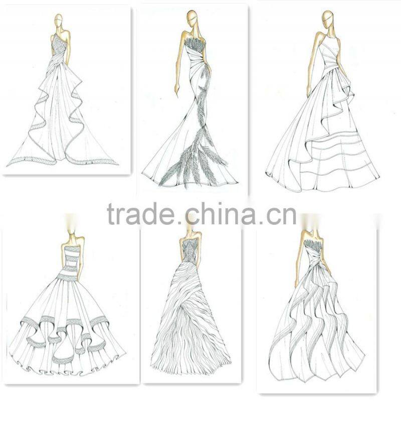 New french over lace sheath pattern long tail wedding dress with slim straps