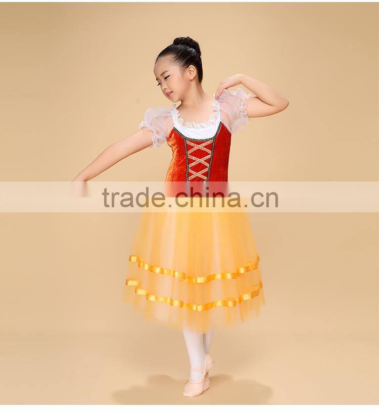 orange children long ballet tutu,kids dance skirt,girl ballet tutu stage performance giselle dancewear