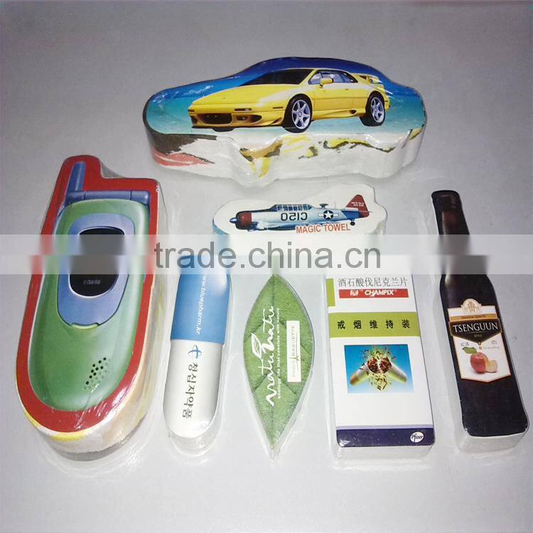 Customer special design triangle shape compressed towel fan-shaped compressed beach towel with velour printing