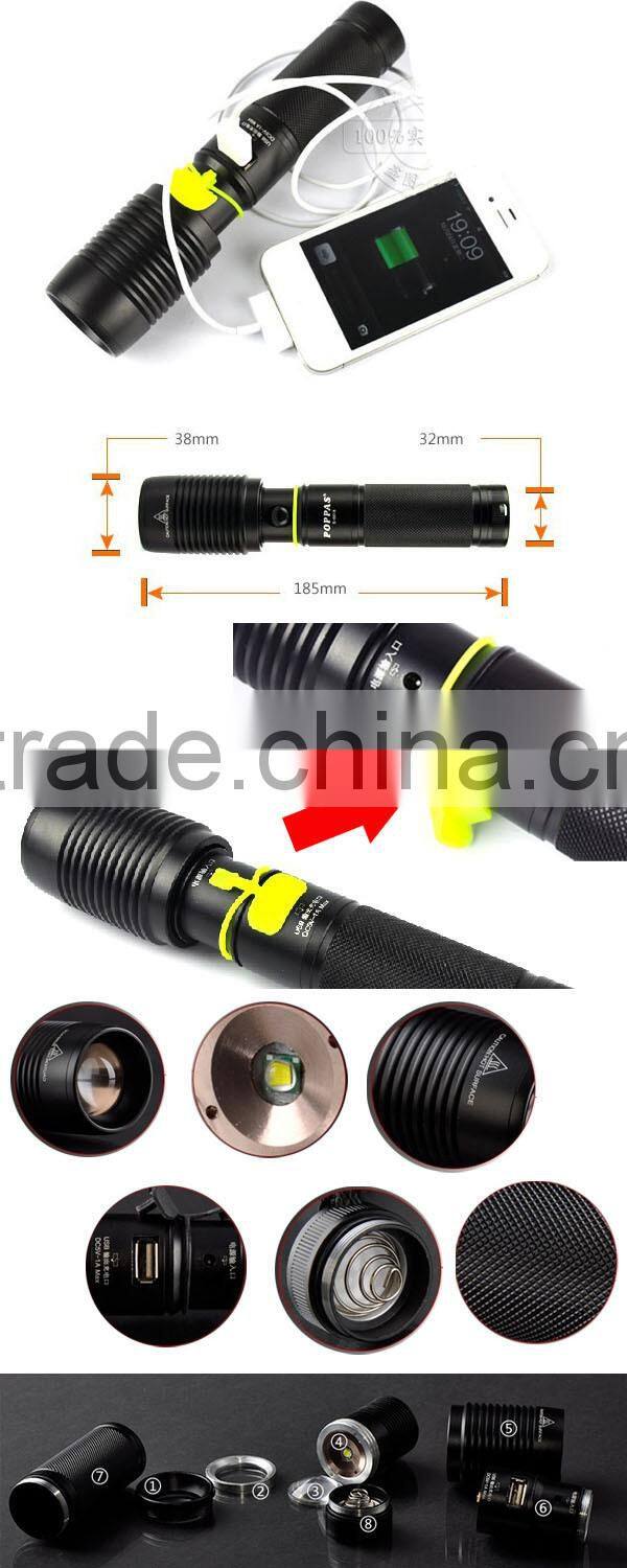 POPPAS 6618 XM-L2 Output 600LM High Power With Usb Rechargeable Flashlight