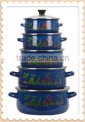 Full Decal Navy Blue Double Handle Enamel Cookware Set Kitchenware Enamel Pot 5 Pcs Stock Belly Pot With Glass Lid