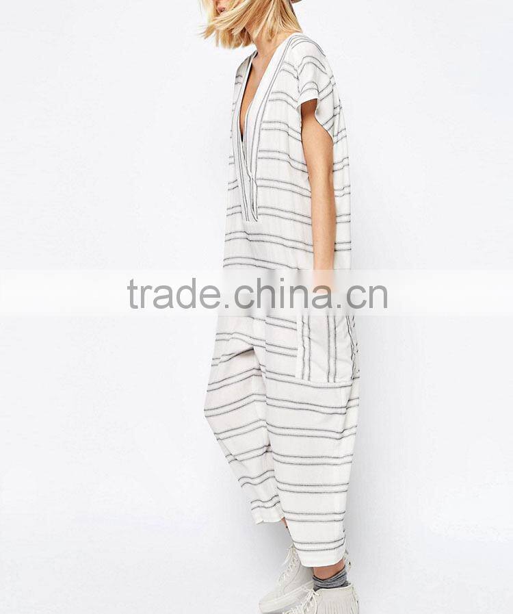 Trade Assurance onling shopping plunge neck sexy 2016 new striped jumpsuit for ladies