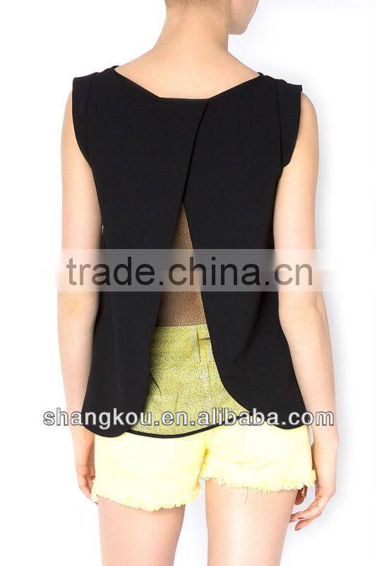 fashion ladies newest sleeveless wrap blouse popular chiffon sexy back lace design tops and blouses 2016