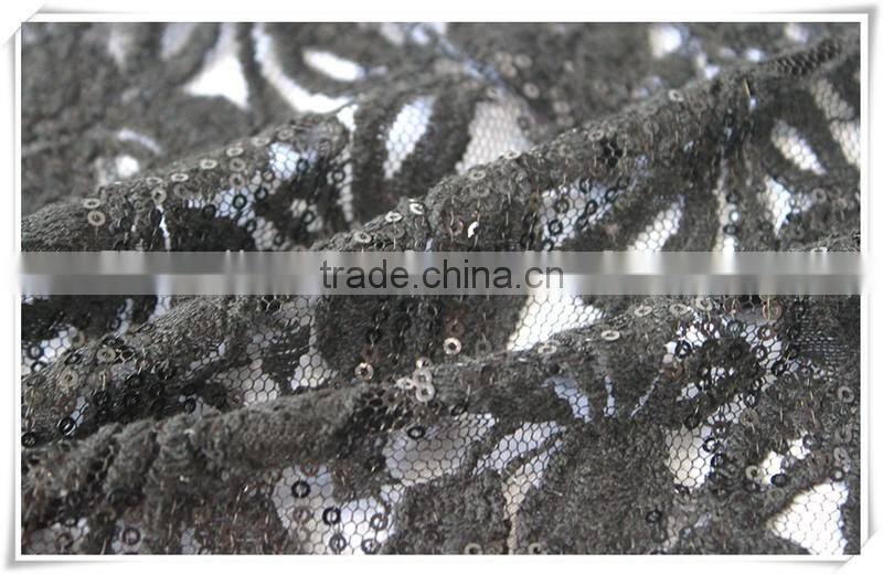 Latest design thin net embroidered sequin fabric, black flower embroidery sequin fabric textile for dress