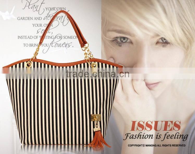 2013 Latest Design Women's Handbag Stripe Canvas Bag Chain Tassel Hangings Handbag Fashion Bag