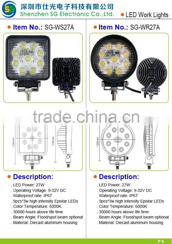 High Quality 27 Watt excavator led work light 12v Offroad Auto 27w Led Working Light For forklift