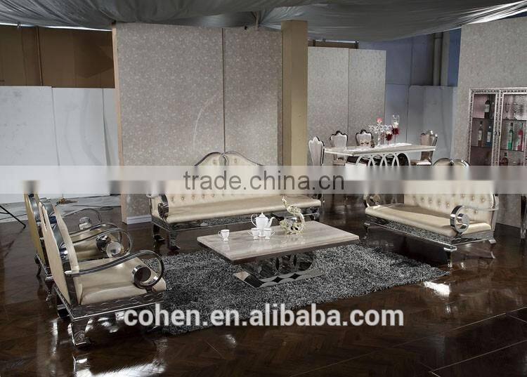 modern luxury polishing stainless steel dining table and chairs set with marble top furniture