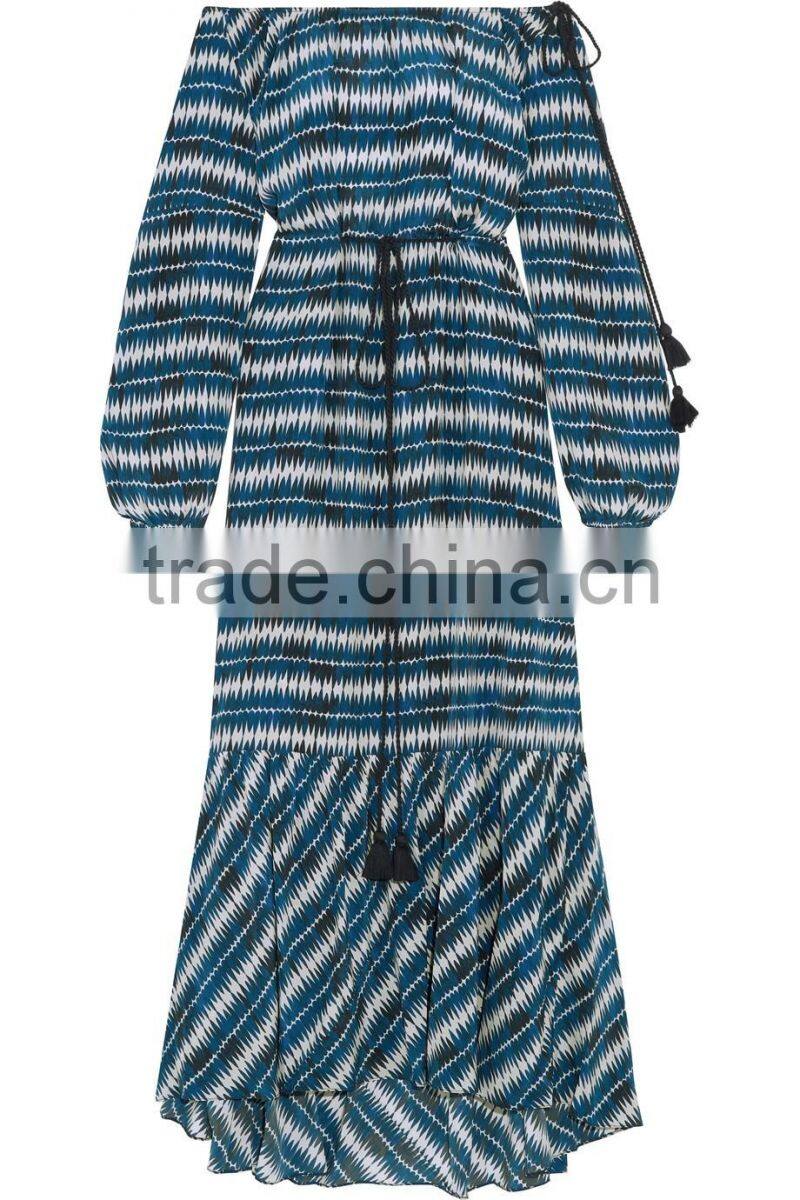 Elegant Blue Off-The-Shoulder Printed Silk Fabric Maxi Dress Frock Designs Names Of Ladies Drsses 2016 HSD5681