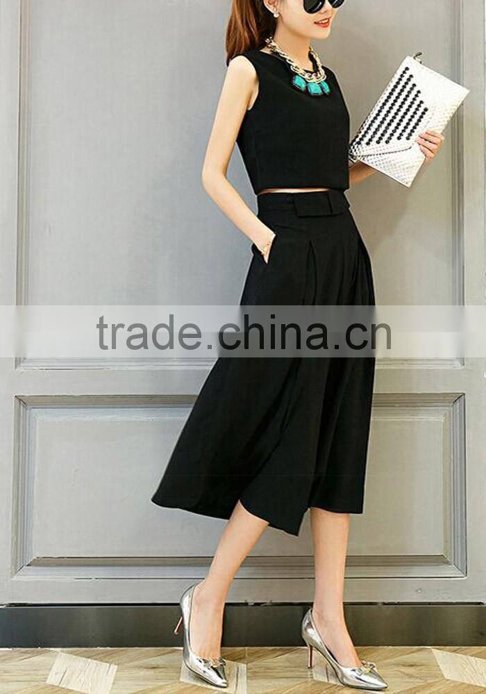 Fashion women clothing two pieces sleeveless black plain salwar suit with wide legging pants