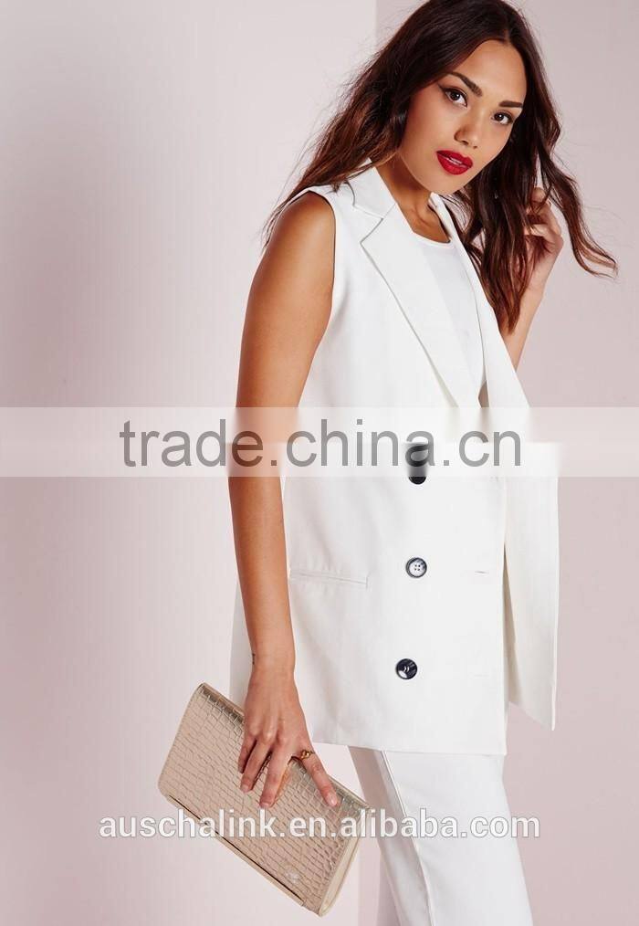women fancy white sleeveless double breasted slim fit blazer