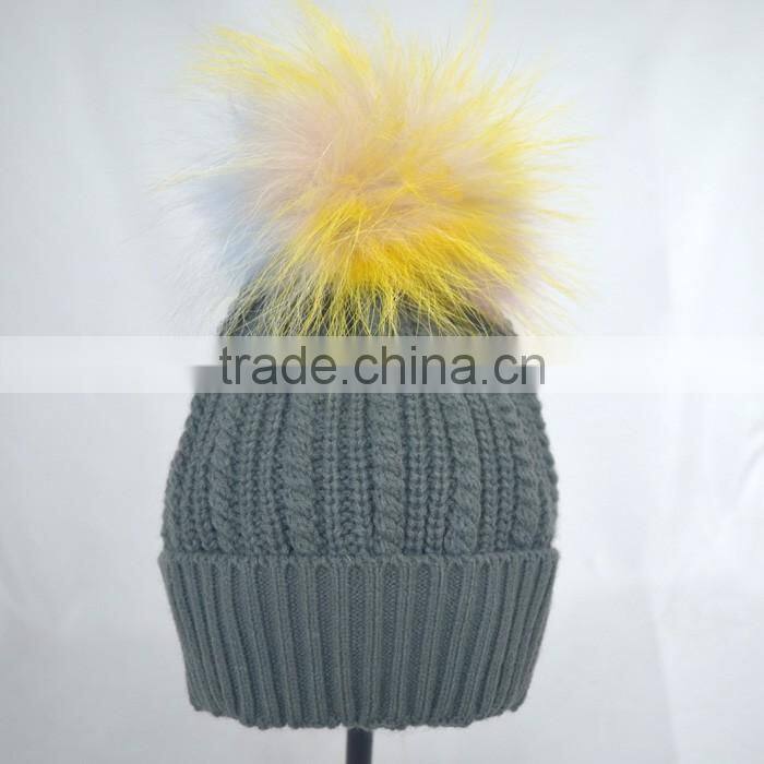Myfur Grey Color Winter Striped Knitting Cap with Customized Big Fur Pom Pom