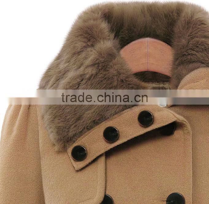 Women's Fashion Faux Fur Lapel Double-breasted Thick Wool Trench Coat Jacket