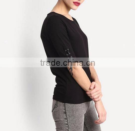 OEM lady blank t-shirt women tie up sleeve t shirt with wholesale price china