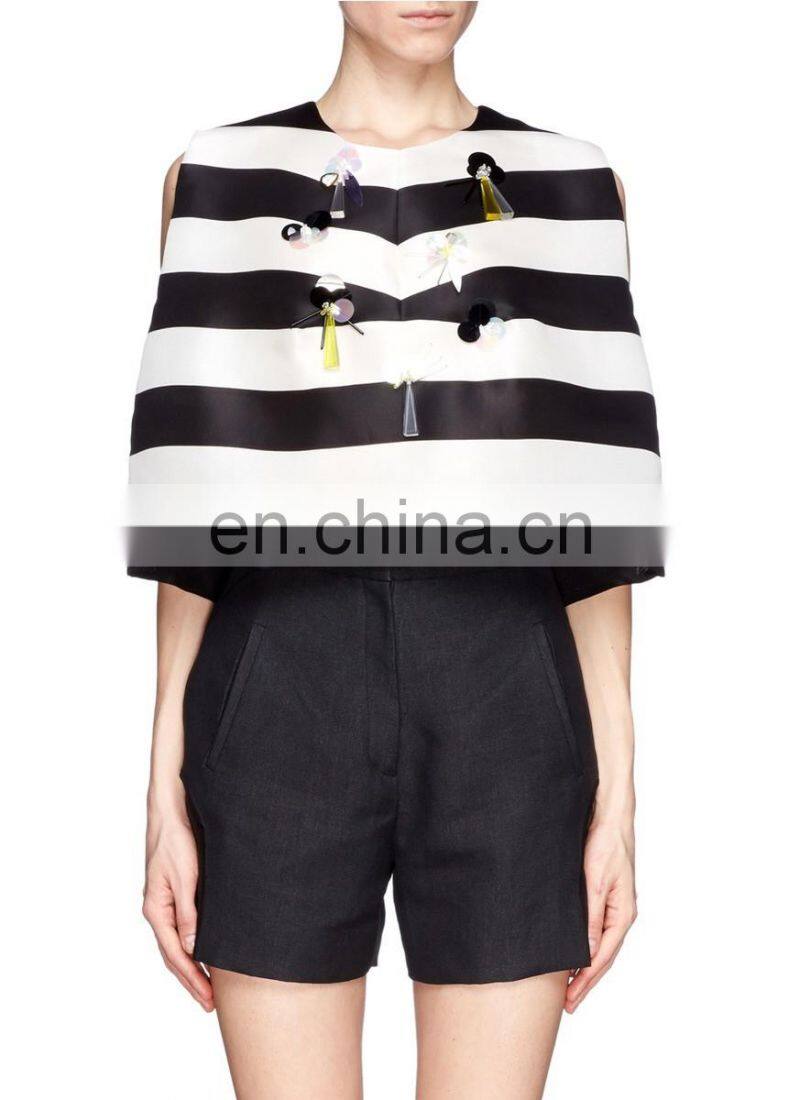 High Quality Voluminous Silhouette Open Back Ribbon Tie Sleeveless Stripe Girls Top (16110805)