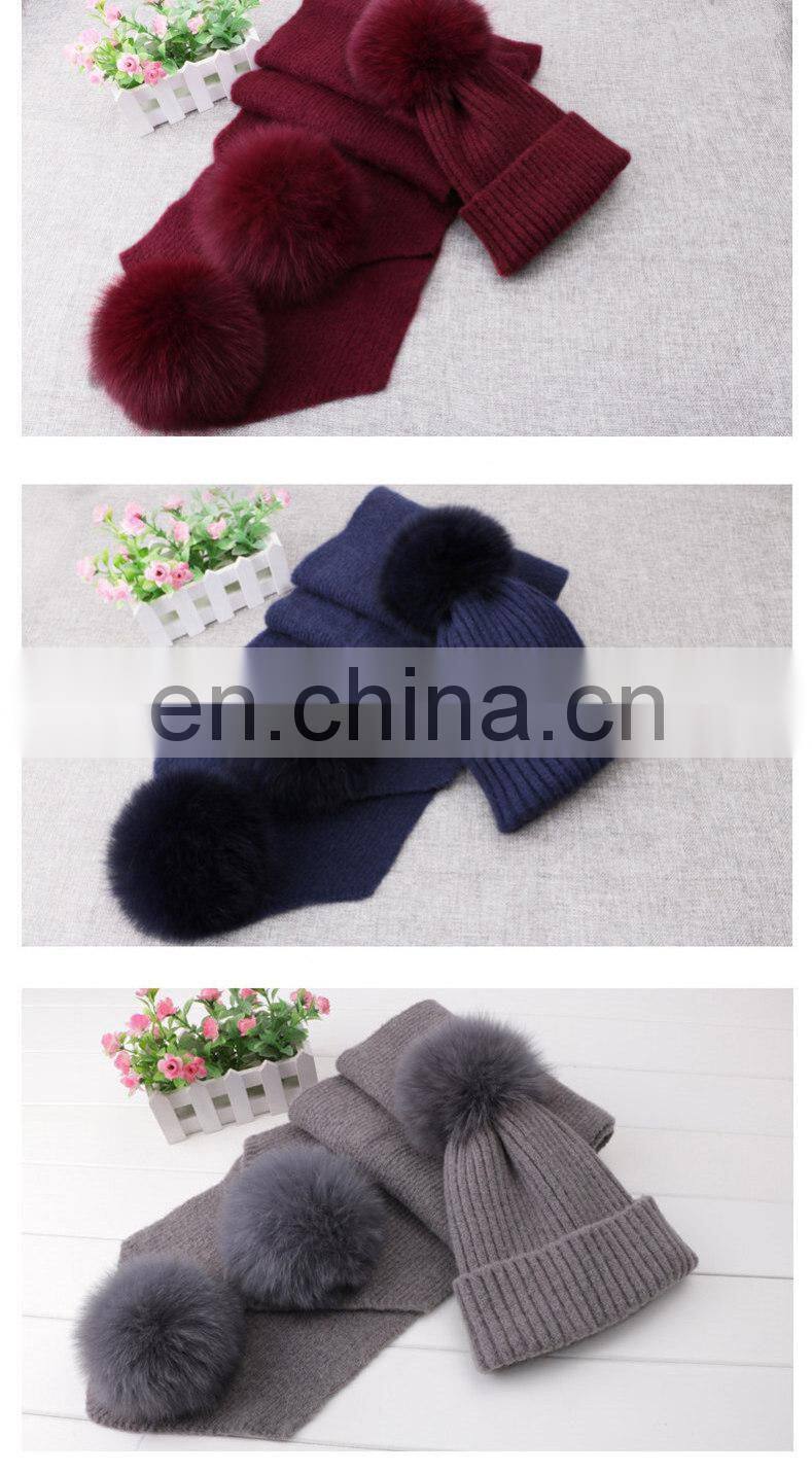 Winter Wool Knitted Beanies Scarf Fox Fur Pompom Knitted Hat Wool