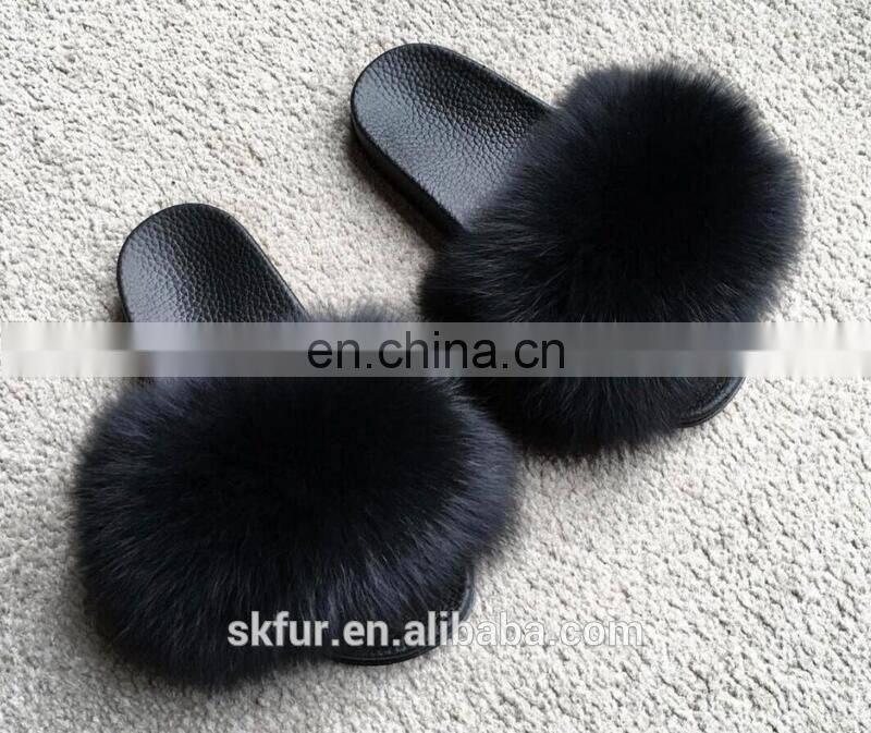 Factory supply stylish and soft real fox fur slide sandals for women
