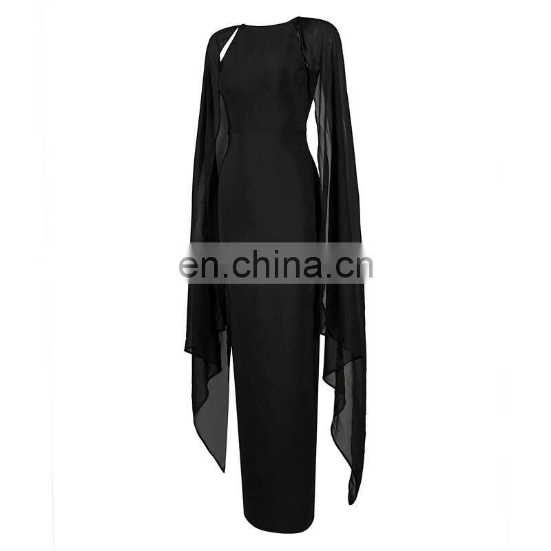 Amigo 2017 Black long chiffon cape sleeve high vent Barelegged long bandage dress modest dresses for young girls