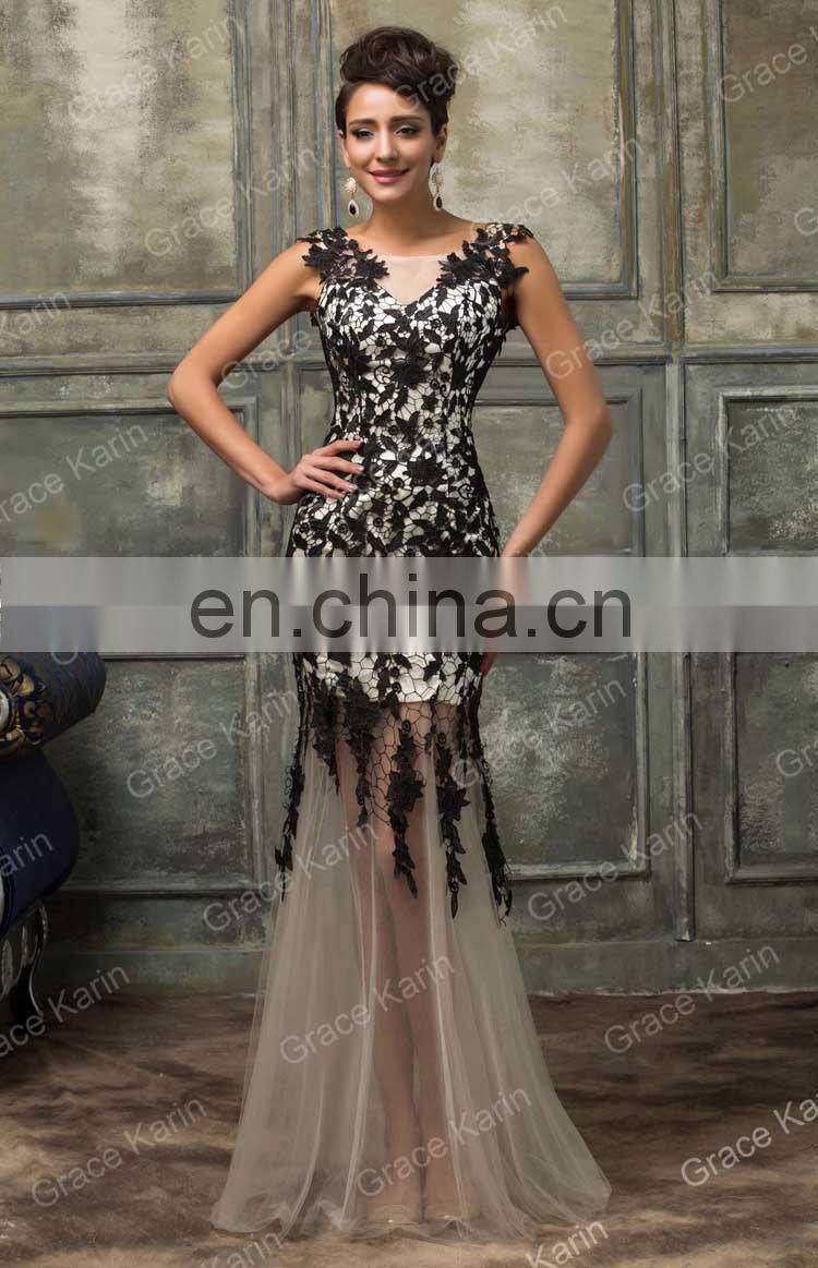 New Arrival Grace Karin Sleeveless Fashion Lace Red Black Mermaid Prom Dress CL007588-1