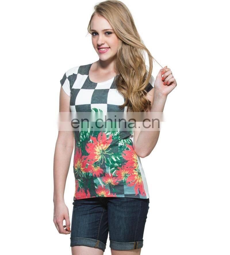 2015 Factory direct price wholesale Ploycotton Chess Board With Retro Flower Print T-shirt